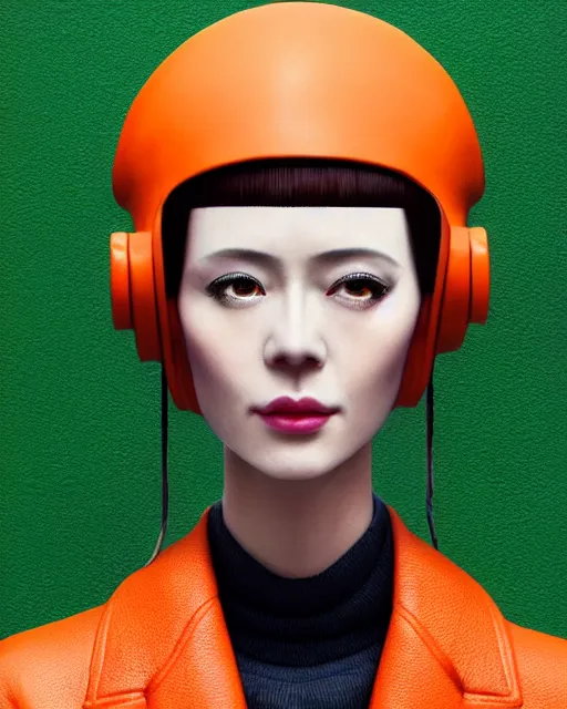Prompt: ultra close portrait of alone androgynous female artist wearing long orange vintage leather coat and wearing giant modular synthesizer boombox helmet, cassette futurism. bakelite cliffs, moss green japanese forest background, ultrafine hyperdetailed illustration by hsiao - ron cheng and artgerm, the grand budapest hotel, glow, no crop, digital art, artstation, pop art