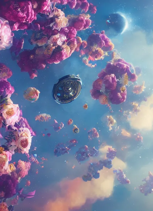 Image similar to An epic fantastic realism comic book style painting of the most beautiful flowers launched into space, bouquets, fisheye lens, unreal 5, DAZ, hyperrealistic, octane render, dynamic lighting