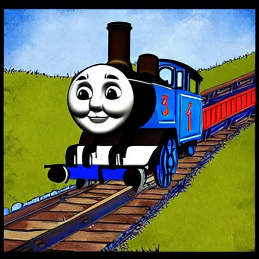 Image similar to creepy thomas the tank engine in zombie inspired art