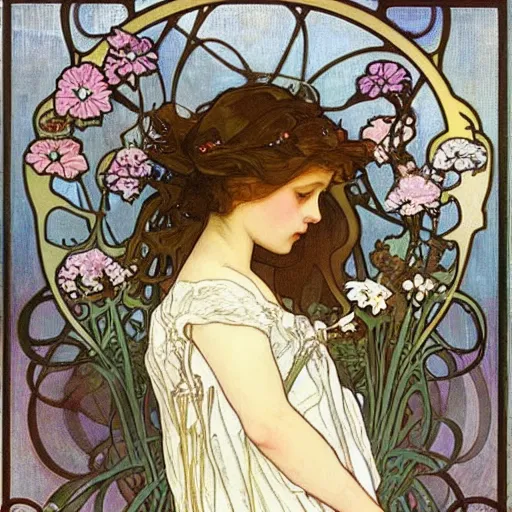 Image similar to art nouveau painting by Alphonse Mucha of a little girl with curly brown hair framed by flowers. Soft, muted colors, dreamy aesthetic.