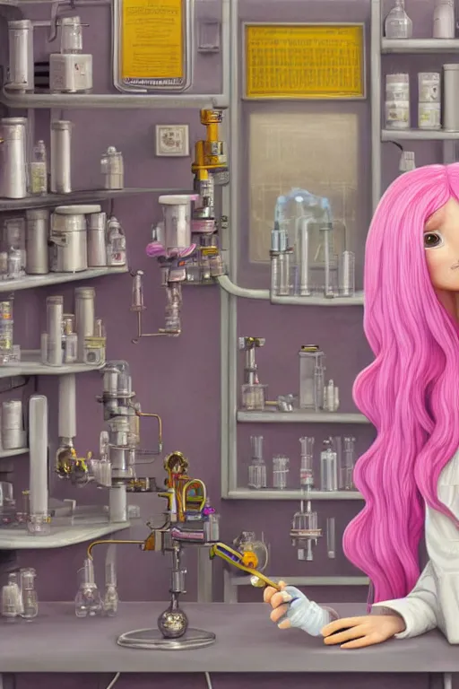 Prompt: highly detailed, industrial profile portrait of adult princess bubblegum from adventure time, experimenting in her science lab, wearing lab coat, long bubblegum hair, long straight bangs, confident, beautiful, attractive, illustration concept art by nicoletta ceccoli, mark ryden, lostfish, detailed and intricate environment, 8 k resolution, hyperrealistic, octane render