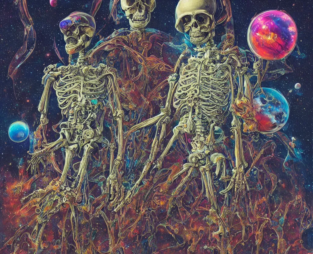 Prompt: a psychedelic cosmonaut skeleton as a heroine, intricate, elegant, highly detailed melting tearing his suit off, rainbow melting color scheme, floating in the cosmos nebula, glass space helmet, in front of a destroyed retrofuturism spaceship covered in old technology, Beksinski, Greg Hildebrandt, 8k highly detailed ❤️‍🔥 🔥 💀 🤖 🚀