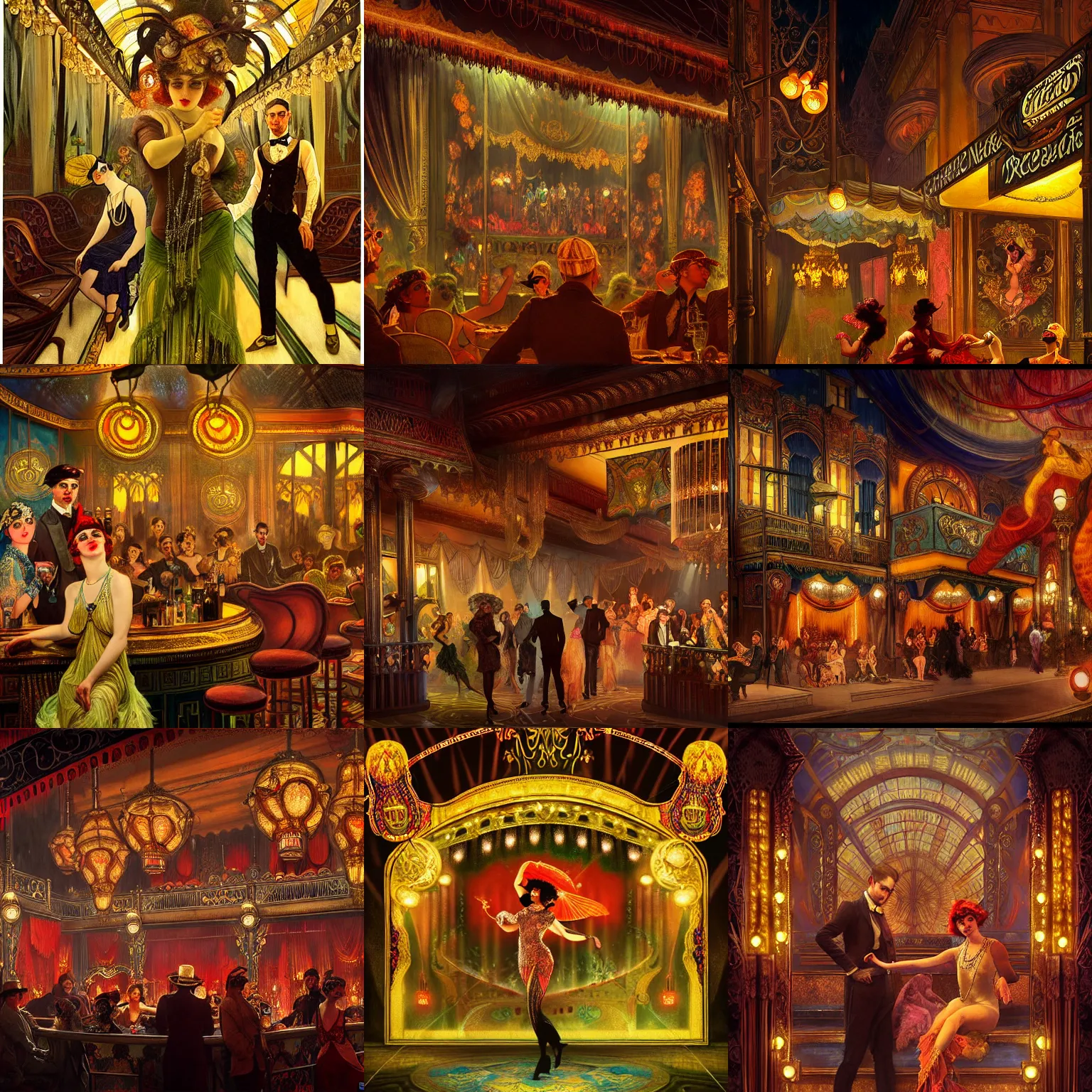 Prompt: 1920s Neo Rococo Expressionist orientalism a Cabaret Theater in The City of Ukraine at night with a few customers 🍸💃 🧑‍🎤 , extreme plus resolution fantasy concept art, intricate details to everything visible, sharp lighting, Dramatic light by denis villeneuve, strong emphasis on alphonse mucha, Makoto Shinkai