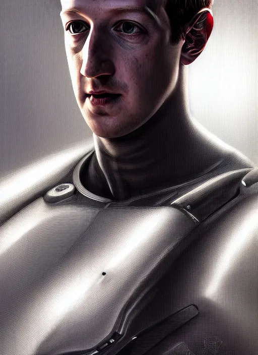 Image similar to mark zuckerberg as male android!!!, sci - fi, wires, dead eyes, portrait, intricate, elegant, highly detailed, digital painting, artstation, concept art, wallpaper, smooth, sharp focus, illustration, art by h. r. giger and artgerm and greg rutkowski and alphonse mucha