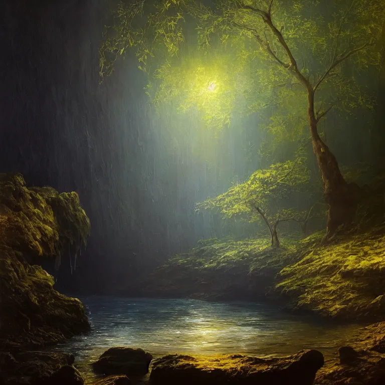 Image similar to A beautiful, highly detailed, very realistic oil painting of a single tree with rainbow leaves, next to a small river, glowing bright blue in the middle of a huge, very dark cave, with lots of dark grey rocks, oil painting by Greg Rutkowski, golden color scheme.