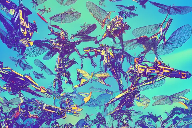 Prompt: risograph, gigantic mecha arzach birds with dragonflies, tiny rats, a lot of exotic animals around, big human faces everywhere, helicopters and tremendous birds, by satoshi kon and moebius, matte summer blue colors, surreal psychedelic design, crispy, super - detailed, a lot of tiny details, 4 k, fullshot