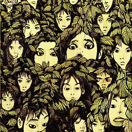 Image similar to a lush vine covered portrait by junji ito