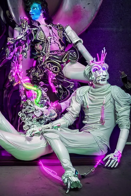 Image similar to full-body rococo and cyberpunk style neon statue of a muscular attractive Harry Styles macho dotado e rico android sim roupa reclining con las piernas abertas e la piroca dura, glowing white laser eyes, prince crown of pink gears, diamonds, swirling silver-colored silk fabric. futuristic elements. full-length view. space robots. human skulls. intricate artwork by caravaggio. Trending on artstation, octane render, cinematic lighting from the right, hyper realism, octane render, 8k, depth of field, 3D