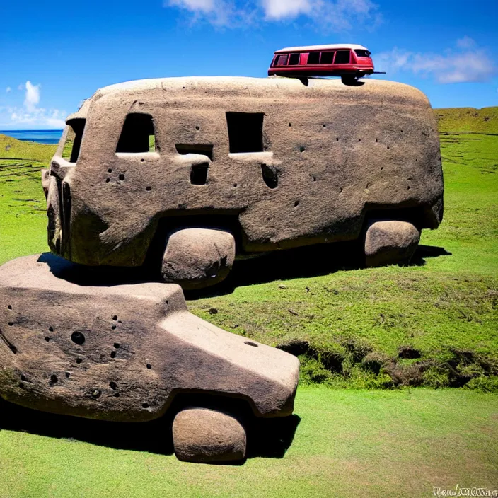 Prompt: ancient vw bus made of stone, moai from rapa nui style