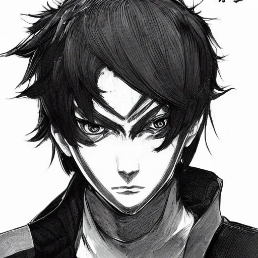 Image similar to Portrait of Ren Amimiya from Persona 5, art style of Yoji Shinkawa, Highly detailed, fantasy themed