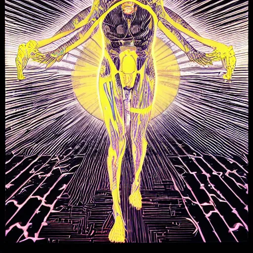 Prompt: shintaro kago yoji shinkawa and victo ngai cellular human body apophasis glorious energy of the sun cybernetic organism of pure energy and light synthetic emotional symposium of death