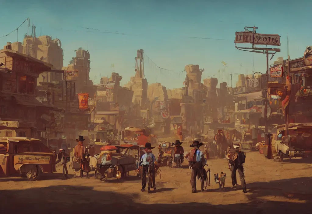 Image similar to stereotypical Wild West Town Scene with some cowboys and the sheriff by Goro Fujita and Simon Stalenhag , 8k, trending on artstation, hyper detailed, cinematic