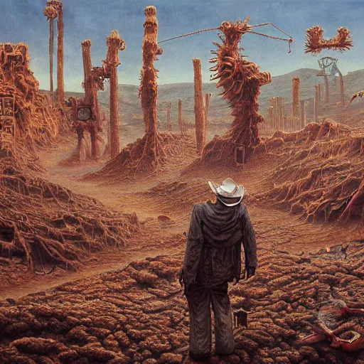 Image similar to a hyperrealistic painting of a ghost town with cowboy pepe the frog teleporting through portals and robotic aliens, apocalyptic desert, cinematic horror by chris cunningham, richard corben, highly detailed, vivid color, beksinski painting, part by junji ito and gerhard richter. art by takato yamamoto. masterpiece