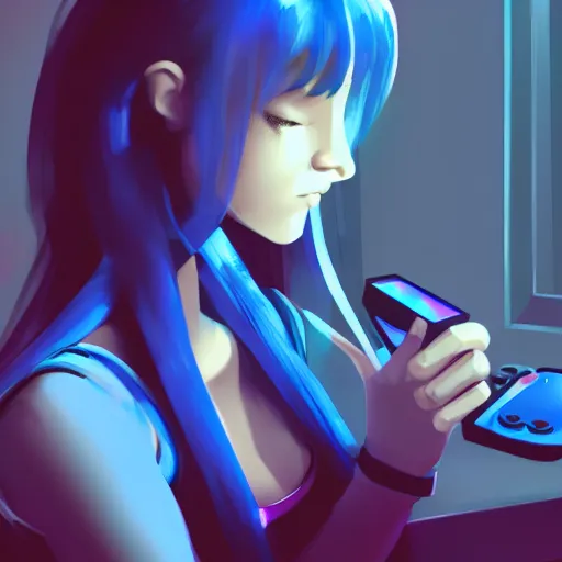 Image similar to depressed blue girl cyborg playing gamecube in a messy dorm, full shot, artstation,