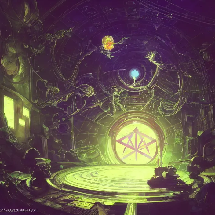 Image similar to Albedo from overlord, mamimi samejima, psychedelic background, epcot, inside a space station, eye of providence, female anime character, Lain, uwu, uwu, Luminism, Tomas Sanchez, Karla Knight, surrealism, Simon Stålenhag, M. C. Escher, Ruan Jia, uwu Hi-Fructose, Artstation, HD, HDR, High Resolution, technological rings, giygas