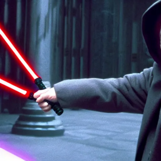 Image similar to mr. bean as darth sidious, holding a red light saber in star wars, film still, cinematic lighting, highly detailed