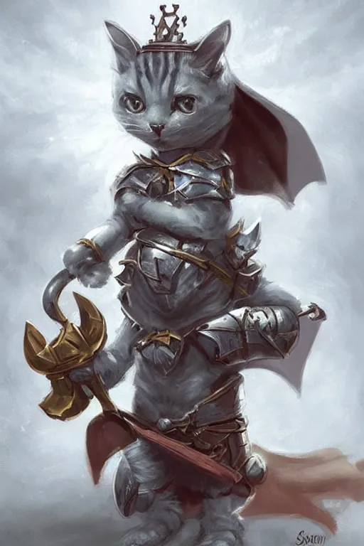 Image similar to cute little anthropomorphic cat knight wearing a cape and a crown, tiny, small, miniature cat , baby animal, short, pale blue armor, cute and adorable, pretty, beautiful, DnD character art portrait, matte fantasy painting, DeviantArt Artstation, by Jason Felix by Steve Argyle by Tyler Jacobson by Peter Mohrbacher, cinematic lighting