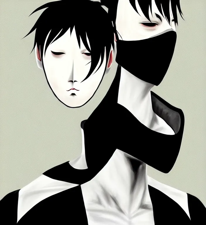 Image similar to white man with black fabric mask, short dark hair, true anatomy!, digital painting, art by hayao miyazaki