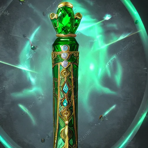 Image similar to full view of fantasy magical staff with emerald in the middle, high detail, fantasy art, concept art, 4 k, ultra detail, computer art