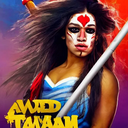Image similar to camilla cabello as an amazonian woman with red face paint in fighting pose holding a broom, wide full body, movie poster, realistic hyper detailed concept art