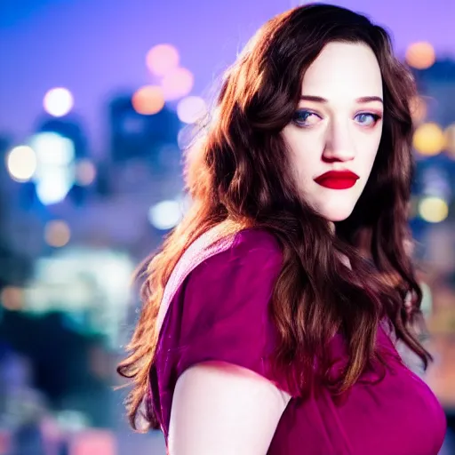 Image similar to a still of KAT DENNINGS. Shallow depth of field. City at night in background, lights, colors ,studio lighting, mood, 4K. Profession photography