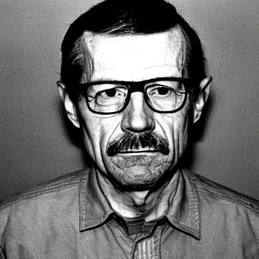 Prompt: 1970s of Mugshot Portrait of a very old and decrepit Walter White with glasses and no beard, dressed in 1970s menswear, taken in the 1970s, photo taken on a 1970s polaroid camera, grainy, real life, hyperrealistic, ultra realistic, realistic, highly detailed, epic, HD quality, 8k resolution, body and headshot, film still, front facing, front view, headshot and bodyshot, detailed face, very detailed face