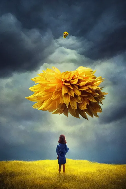 Image similar to closeup girl with giant yellow dahlia flower as head, standing on mountain, surreal photography, blue storm clouds, dramatic light, impressionist painting, digital painting, artstation, simon stalenhag