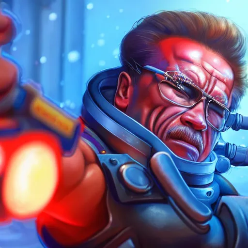 Image similar to a screenshot of arnold schwarzenegger as mei shooting frost gun in overwatch, portrait, fantasy, beautiful face, vivid colors, elegant, concept art, sharp focus, digital art, hyper - realistic, 4 k, unreal engine, highly detailed, hd, dramatic lighting by brom, trending on artstation