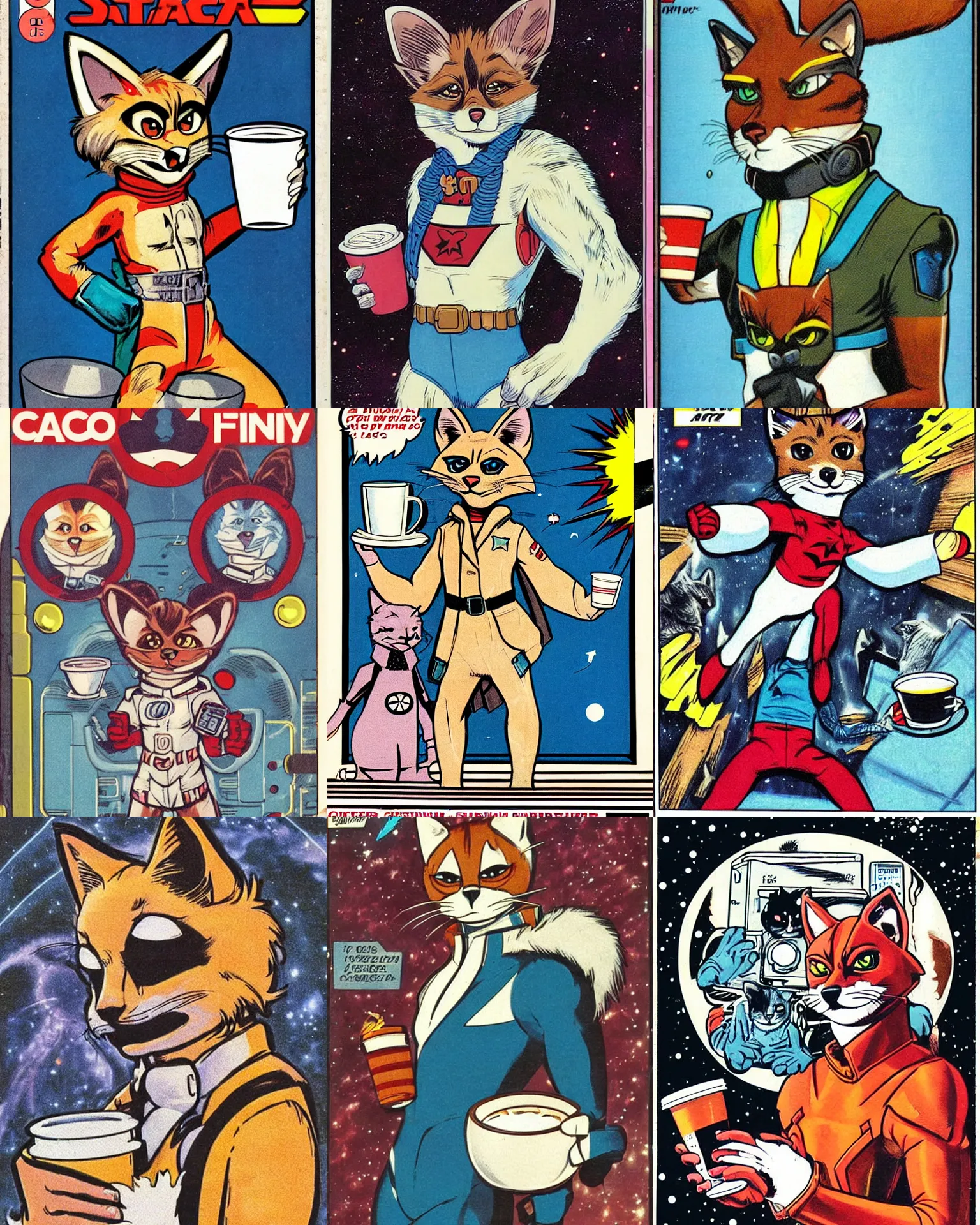 Prompt: 1 9 8 0 s comic book art scan featuring a portrait of a heroic male anthropomorphic siamese cat furry fursona from starfox wearing a space mercenary uniform holding a latte, handsome eyes