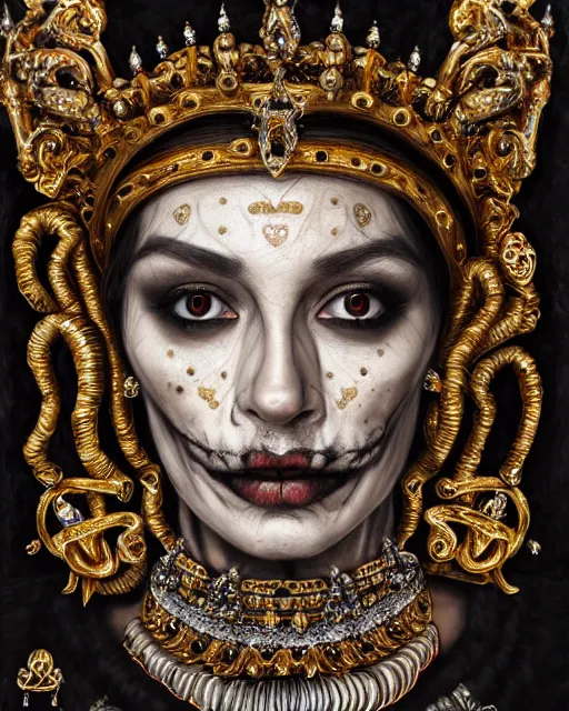 Image similar to realistic portrait of a queen of bones, dark, gold, silver ornaments, facing camera, photo realistic, detailed, 1 4 5 0, delicate, hyper realism, ultra realistic, 8 k