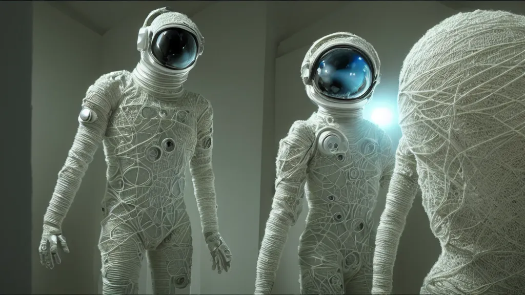 Image similar to a cybernetic symbiosis of a single astronaut eva suit made of wearing knitted yarn thread infected with diamond 3d fractal lace iridescent bubble 3d skin covered with insectoid compound eye camera lenses floats through the living room, film still from the movie directed by Denis Villeneuve with art direction by Salvador Dalí, wide lens,