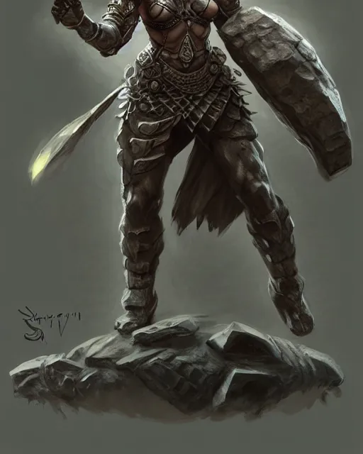 Image similar to concept art of a ancient stone warrior, tight revealing moss armor, stone, rocks | | epic - fine - fine details by stanley artgerm lau, wlop, rossdraws, and sakimichan, trending on artstation, brush strokes