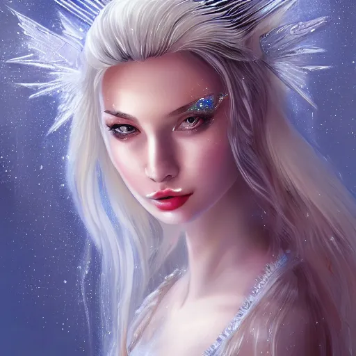 Image similar to A portrait of an attractive young female ice angel, beautiful long white hair, wearing ice crystals, intricate, highly detailed, elegant, digital painting, trending on artstation