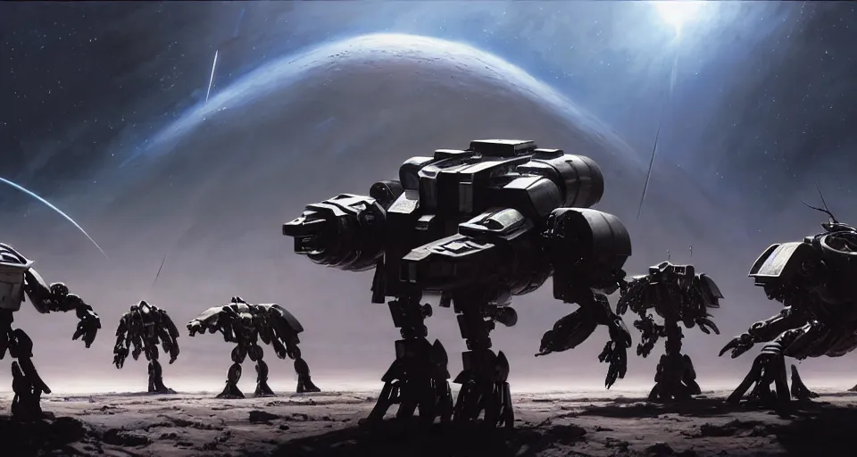 Image similar to hyper realistic sci - fi matte concept art painting of dramatic cinematic battle scene between humanoid battlemechs fighting on the moon, guns, missiles, explosions, beautiful details, strong composition painted by kim jung guweta studio rutkowski, james gurney and greg rutkowski, and lucasfilm, smooth, intricate, detailed, sharp focus, cinematic