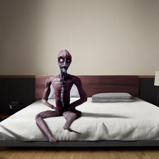 Prompt: sleep paralysis demon standing next to a bed first - person view photo - realistic