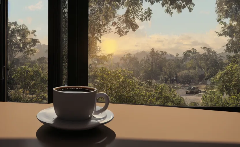 Image similar to a cup of coffee on a cafe table near a window with view to the sunrise, concept art, octane render, unreal engine 5, trending on artstation, high quality, highly detailed, path traced, high coherence, hyperrealistic, godrays, serene scene, soft lighting, macro photo