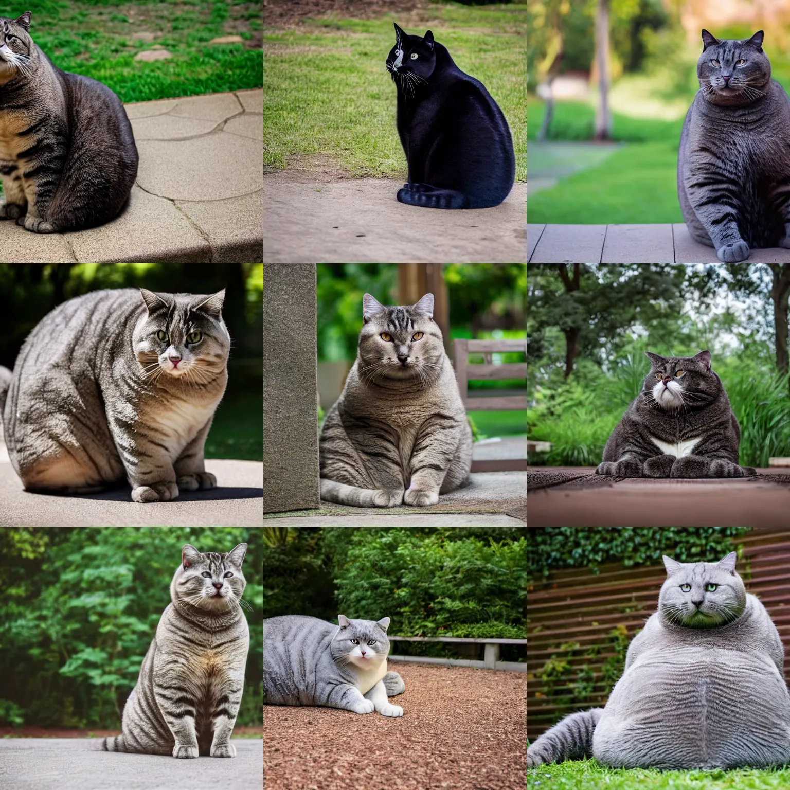 Prompt: full body view of a ridiculously oversized massive Chonker Cat sitting outdoors, morbidly obese, professional photo, beautiful cat feet, XF IQ4, 150MP, 50mm, F1.4, ISO 200, 1/160s, natural light