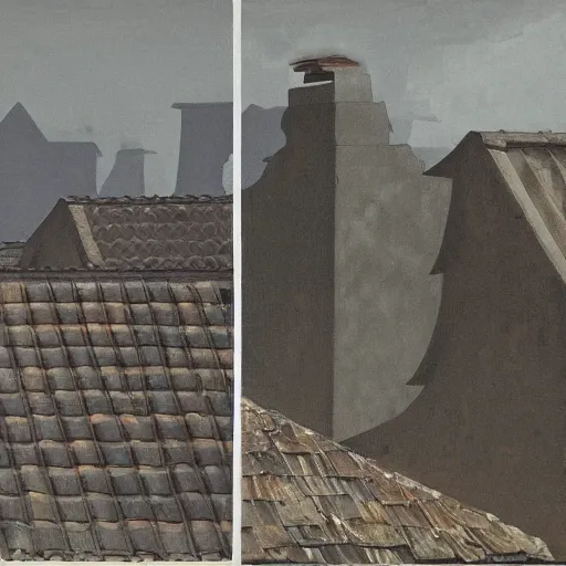 Prompt: painting of structures with tile roofs, and peaked wooden roofs, structures blackened to some degree by a patina of soot. structures darkest at the top, where the ash gathered, but rainwaters and evening condensations had carried the stains over ledges and down walls in an uneven gradient.