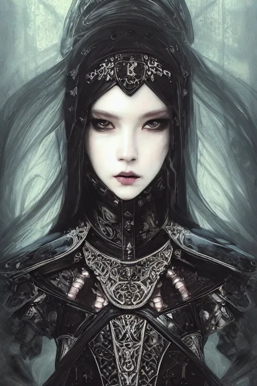 Image similar to beautiful luxury and gothic and victorian and evil young female medieval black armor knight portrait like lisa blackpink+smoky eyes+front face with light flowing hair, ultradetail face, art and illustration by tian zi and craig mullins and WLOP and alphonse mucha, ssci-fi, fantasy, intricate complexity, human structure, hypermaximalist, fantasy character concept, dynamic lighting, neon light, watermark, blurry, hyperrealism 8k