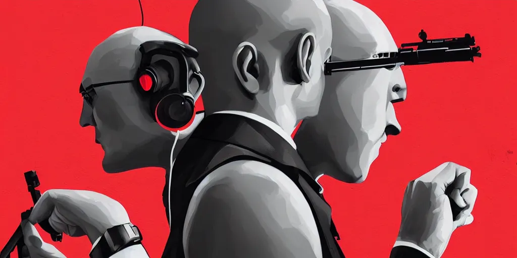 Image similar to agent 4 7 from hitman wearing headphones, dark background, red rim light, highly detailed, smooth, sharp focus, art by ali kiani amin