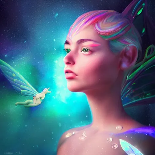 Image similar to magical fairy floating in space, epic cartoon portrait made out of rain, beautiful face, stunning concept art, highly detailed, galaxy background, rendered in octane, unreal engine, trending on artstation, realistic, diviantart