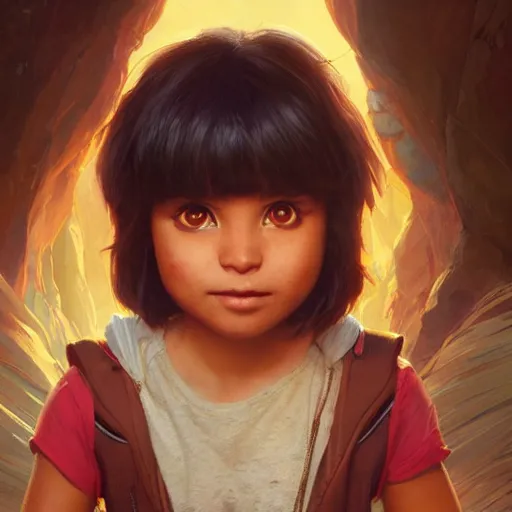 Image similar to dora the explorer, illustrated by greg rutkowski and gaston bussiere, cgsociety contest winner, artstation, portrait image, photorealistic facial features, 4 k, 8 k, volumetric lighting, white backdrop