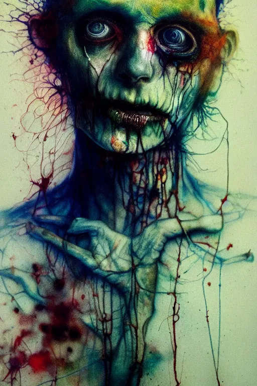 Image similar to autochrome of a rotting zombie cop by agnes cecile, brian froud, intricated details, 3 / 4 view, full body portrait, extremely luminous bright design, horror, pastel colours, toxic drips, autumn lights