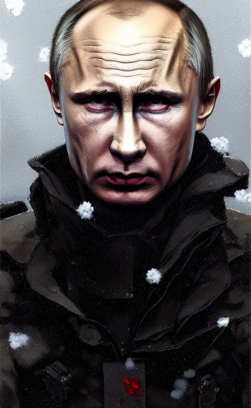 Prompt: detailed portrait of angry vladimir putin, volumetric light from below, merciless, cold, reflective military puffy coat with blood splats by ismail inceoglu dragan bibin hans thoma greg rutkowski alexandros pyromallis nekro rene maritte illustrated, perfect face, fine details, realistic shaded, fine - face, direct glaze