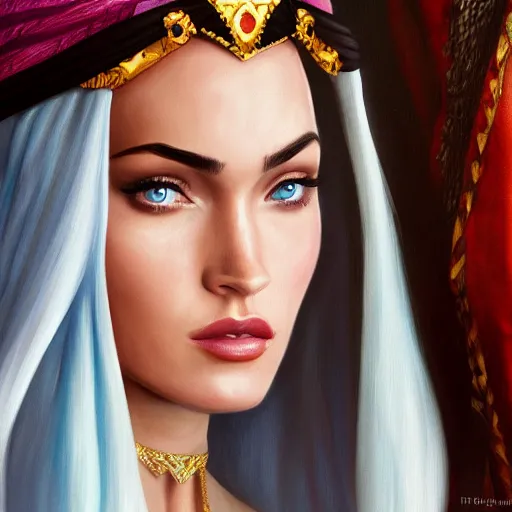 Prompt: a portrait of an arabian princess in a disney movie, megan fox, oil painting, pale colors, high detail, 8 k, wide angle, trending on artstation,