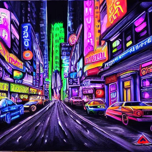 Image similar to realistic painting neon city black light highly detailed trending on art station