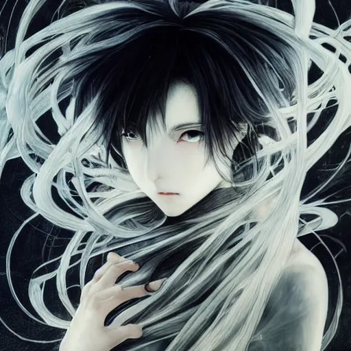 Image similar to yoshitaka amano blurred and dreamy illustration of an anime girl with black eyes, wavy white hair fluttering in the wind wearing elden ring armor with engraving, abstract black and white patterns on the background, noisy film grain effect, highly detailed, renaissance oil painting, weird portrait angle, blurred lost edges, three quarter view