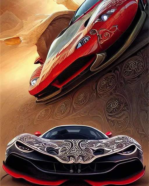 Image similar to Art nouveau Ferarri car, fantasy, intricate zigzag designs, elegant, highly detailed, sharp focus, art by Artgerm and Greg Rutkowski and WLOP