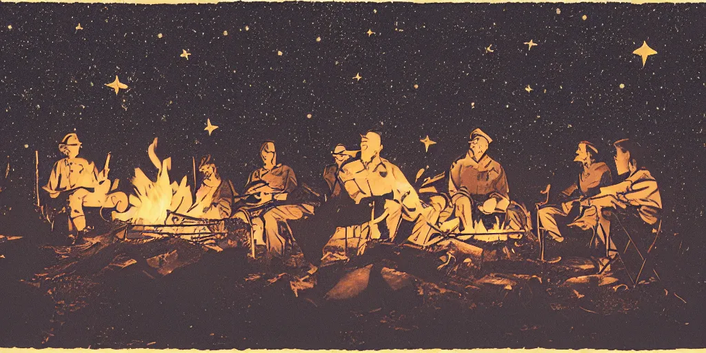 Image similar to a campfire under the stars, 1940s faded risograph print, illustration, limited color palette, earthtones, double-exposure, astrophotography