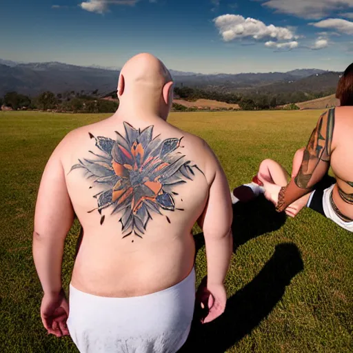 Prompt: portrait of a young fat bald white male tattoos and his young white female brown hair wife with tattoos. male is wearing a white t - shirt, tan shorts, white long socks. female is has long brown hair and a lot of tattoos. photo taken from behind them overlooking the field with a goat pen. rolling hills in the background of california and a partly cloudy sky